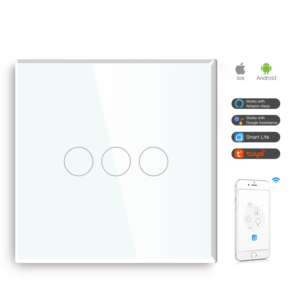 Gopeta, 3-Gang Smart Wi-Fi Touch Switch 600W with Glass Panel