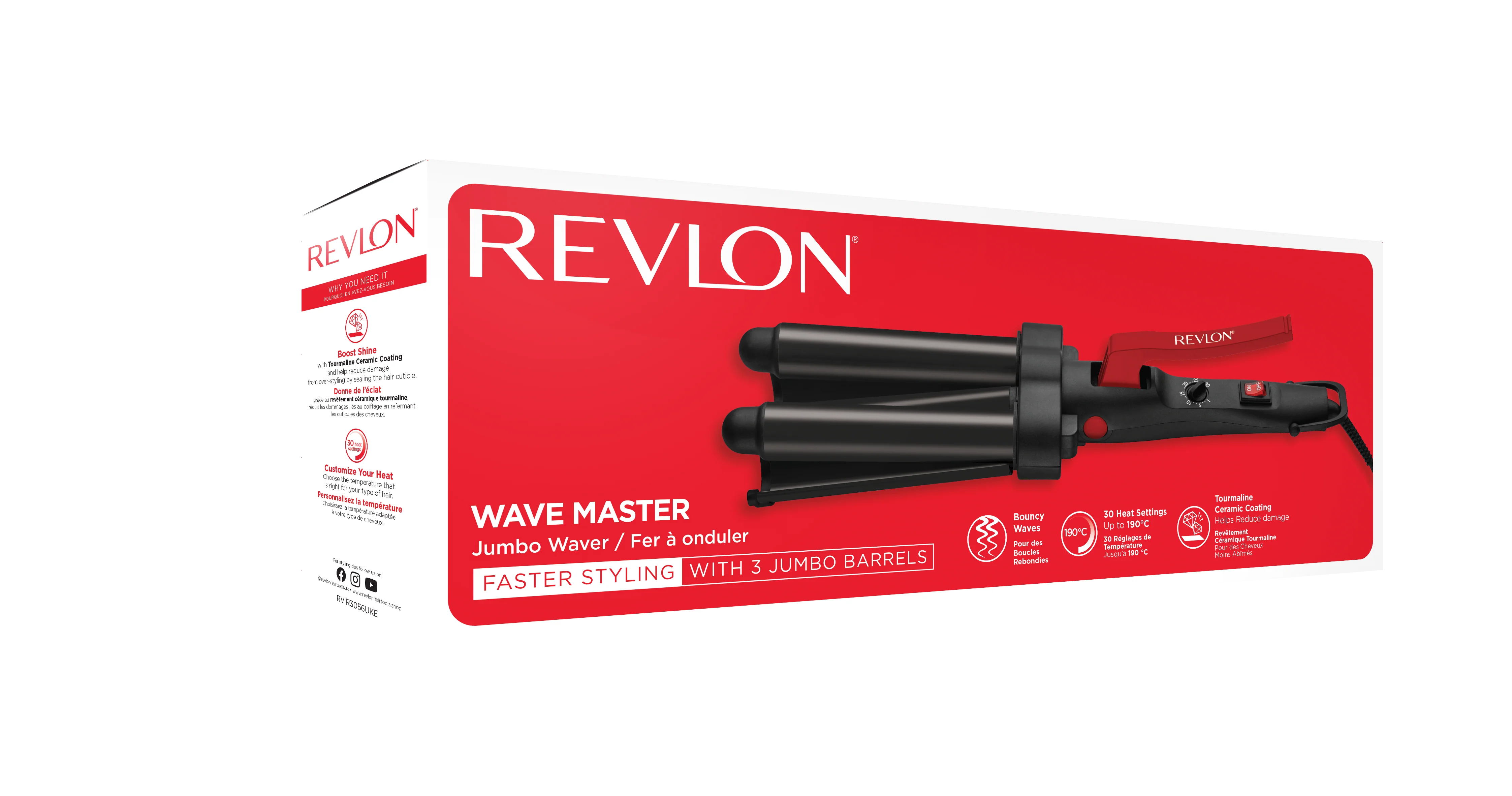 Revlon, Wave Master Jumbo Waver – 3-Pong Ceramic Barrel, Tourmaline Coating, Adjustable Heat – Beachy Waves Made Easy