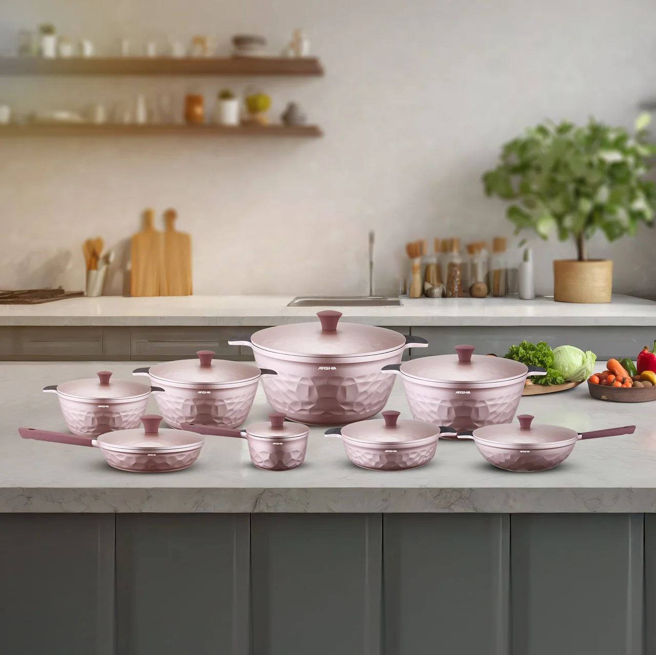 Arshia CO110-3302, 16-Piece Pink Diamond Non-Stick Die-Cast Aluminium Cookware Set