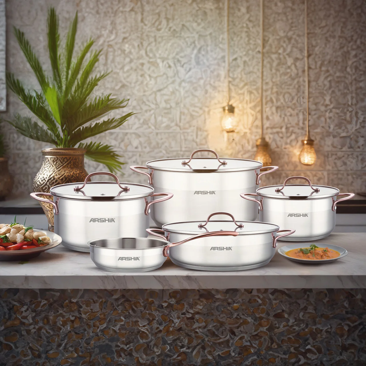 Arshia SS064-3175, 9-Piece Stainless Steel Cookware Set With Copper Handle