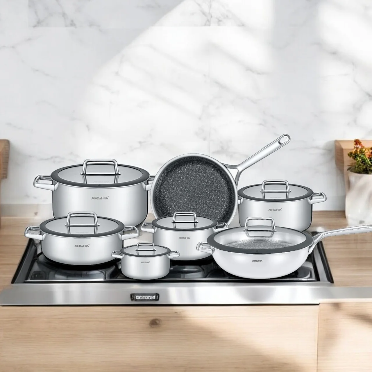 Arshia SS050-3343, 13-Piece Tri-Ply Stainless Steel Cookware Set
