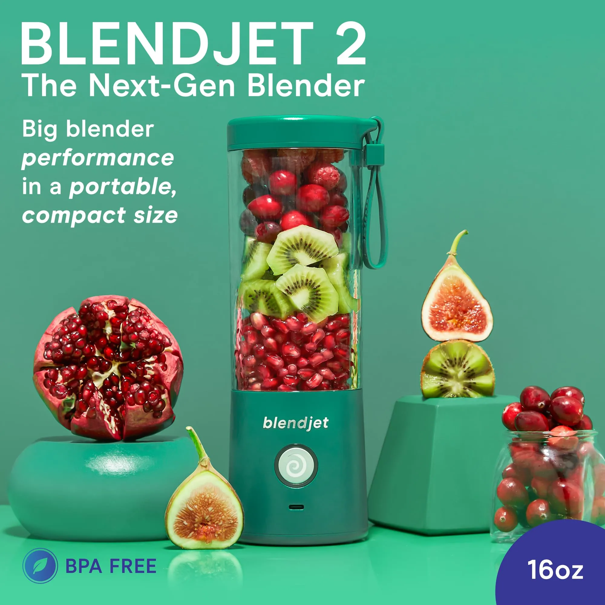 Blendjet V2 Portable Blender 16oz, Smoothie Maker, Fruit Blender, BPA-Free, 475ml, 200W, Sports Bottle, USB-C Rechargeable - Glacier
