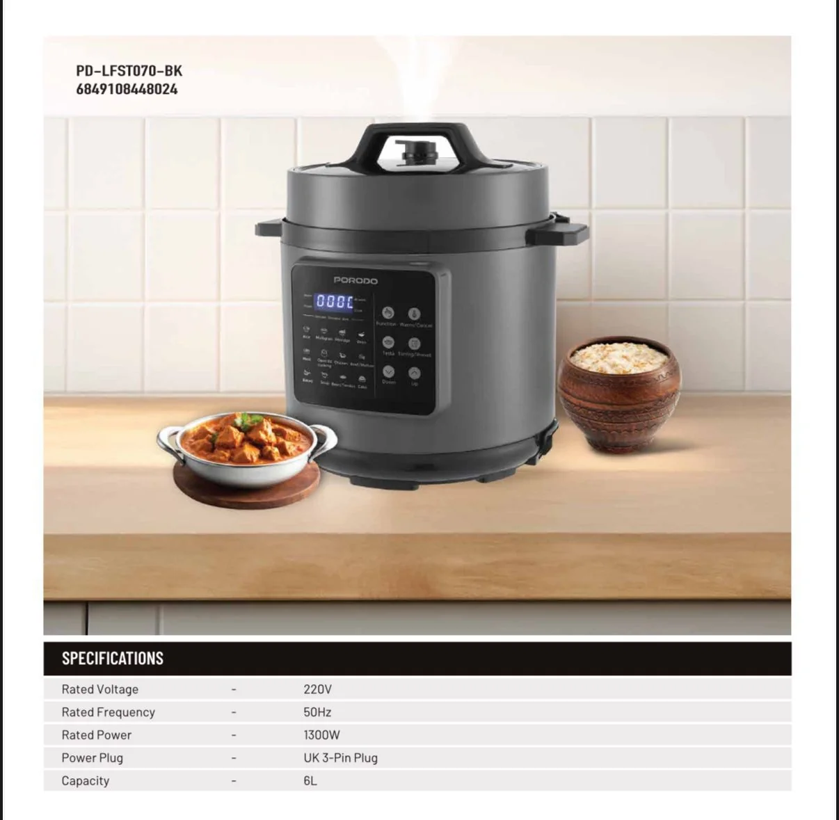 Porodo Lifestyle 1300W Multi-Cuisine Pressure Cooker, 6L – Black