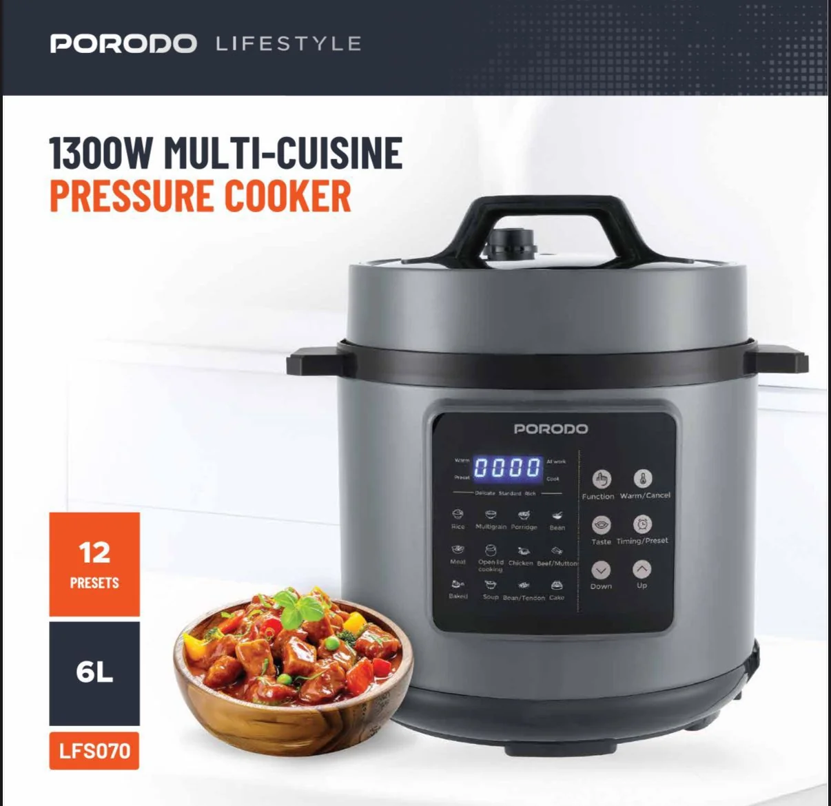 Porodo Lifestyle 1300W Multi-Cuisine Pressure Cooker, 6L – Black