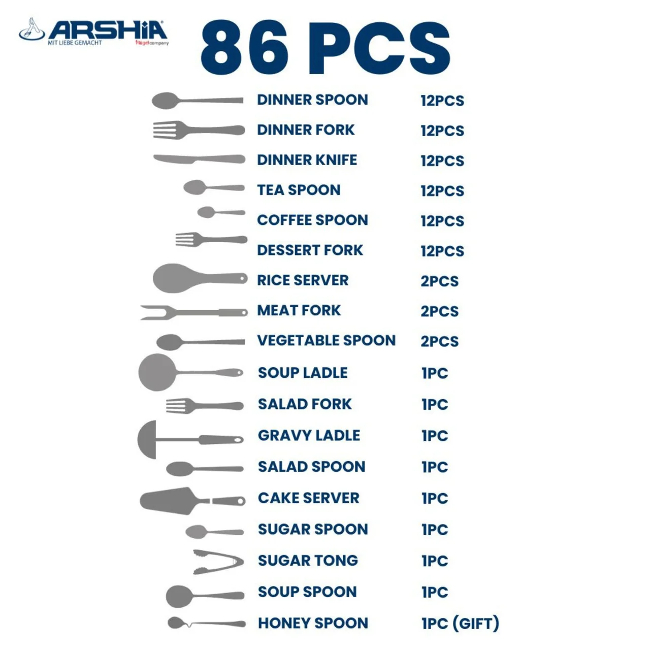 Arshia TM1401GS-2368, Stainless Steel Cutlery Set - 86pcs (Gold Matte)