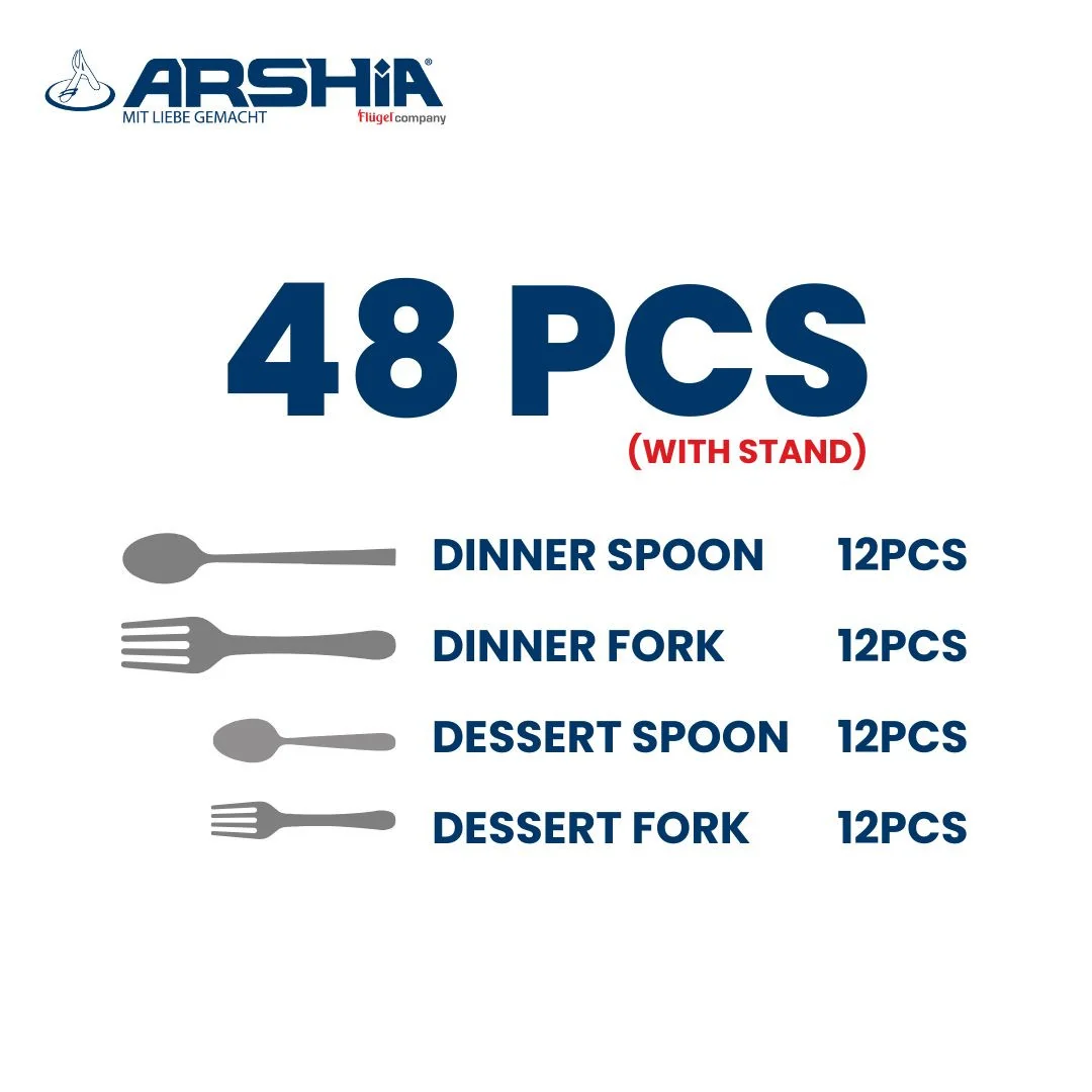 Arshia TM548-3476, 48-Piece Shiny Silver Cutlery Set With Stand