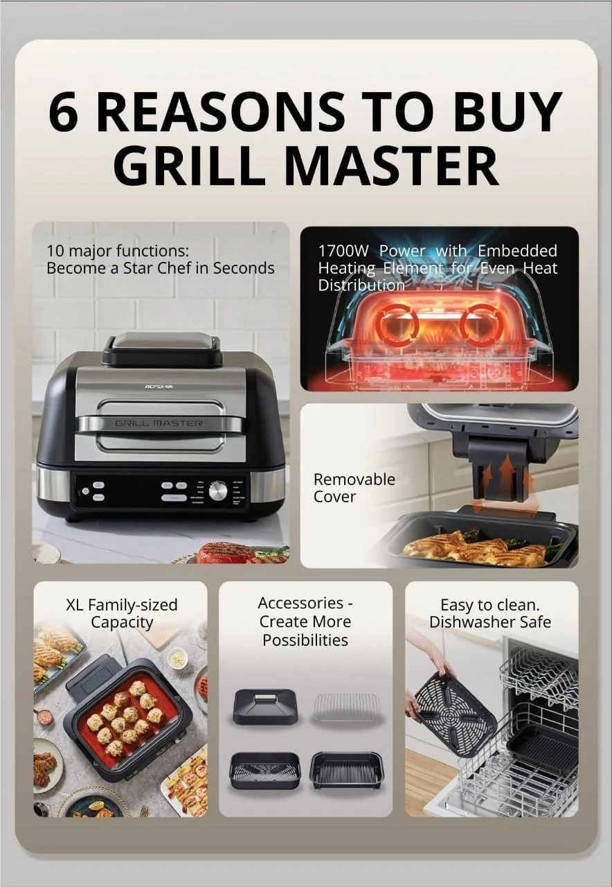 Arshia GM498-3305BS, 10-in-1 Air Fryer Grill Master 1750W – 10L XL Capacity