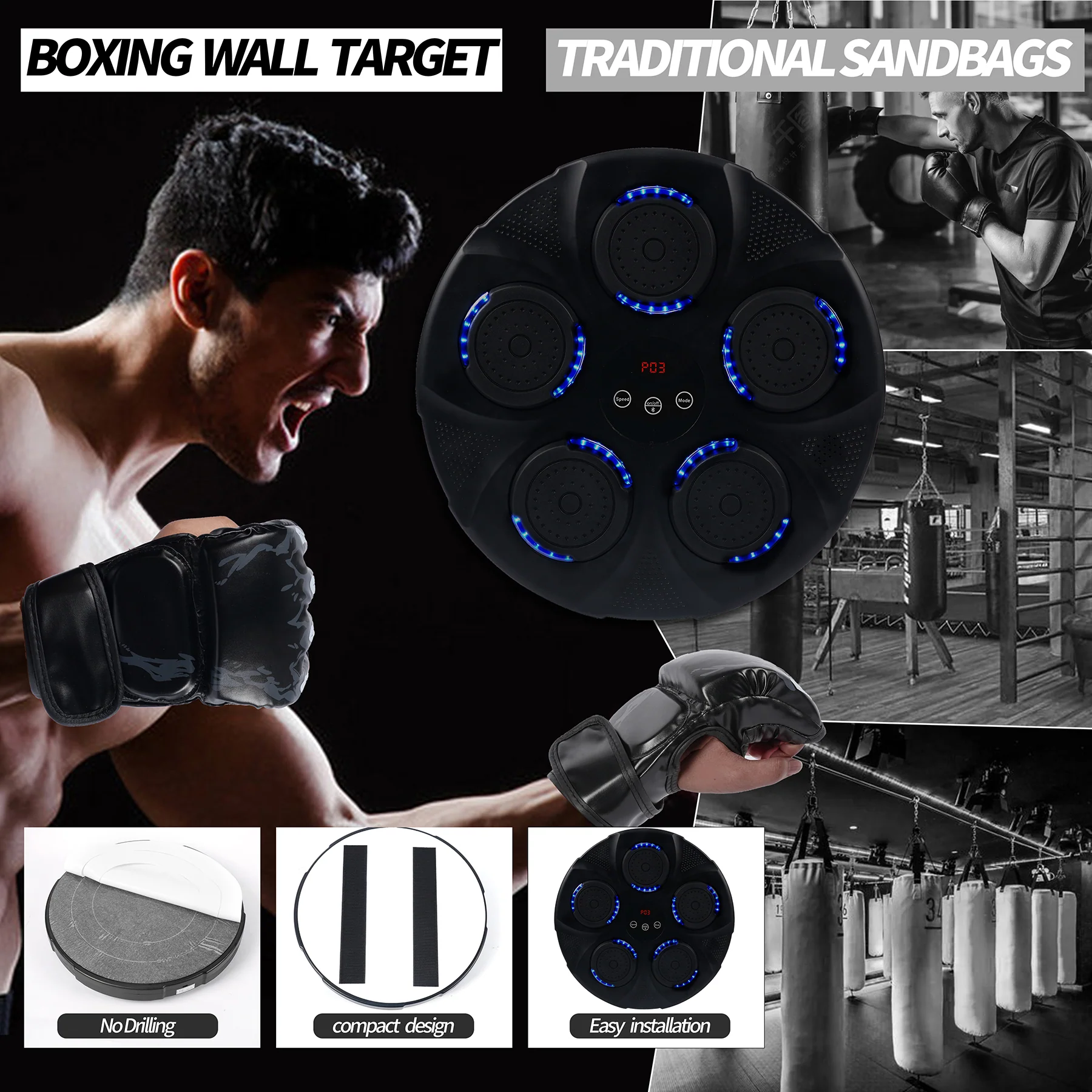 Black Bull Music Boxing Machine, Rechargeable Boxing Equipment, Home Smart Boxing Target Workout Machine Digital Boxing for Kids and Adults