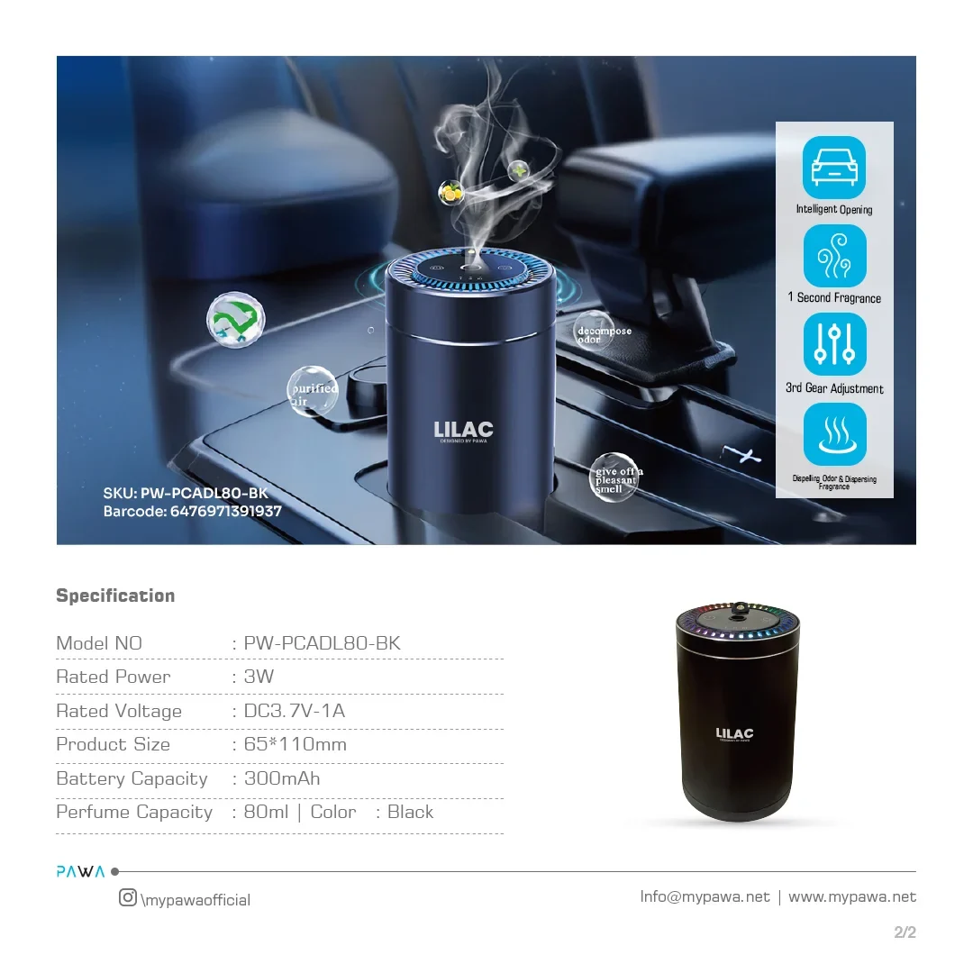 Pawa, Lilac Aroma Diffuser with Starry Light - Black