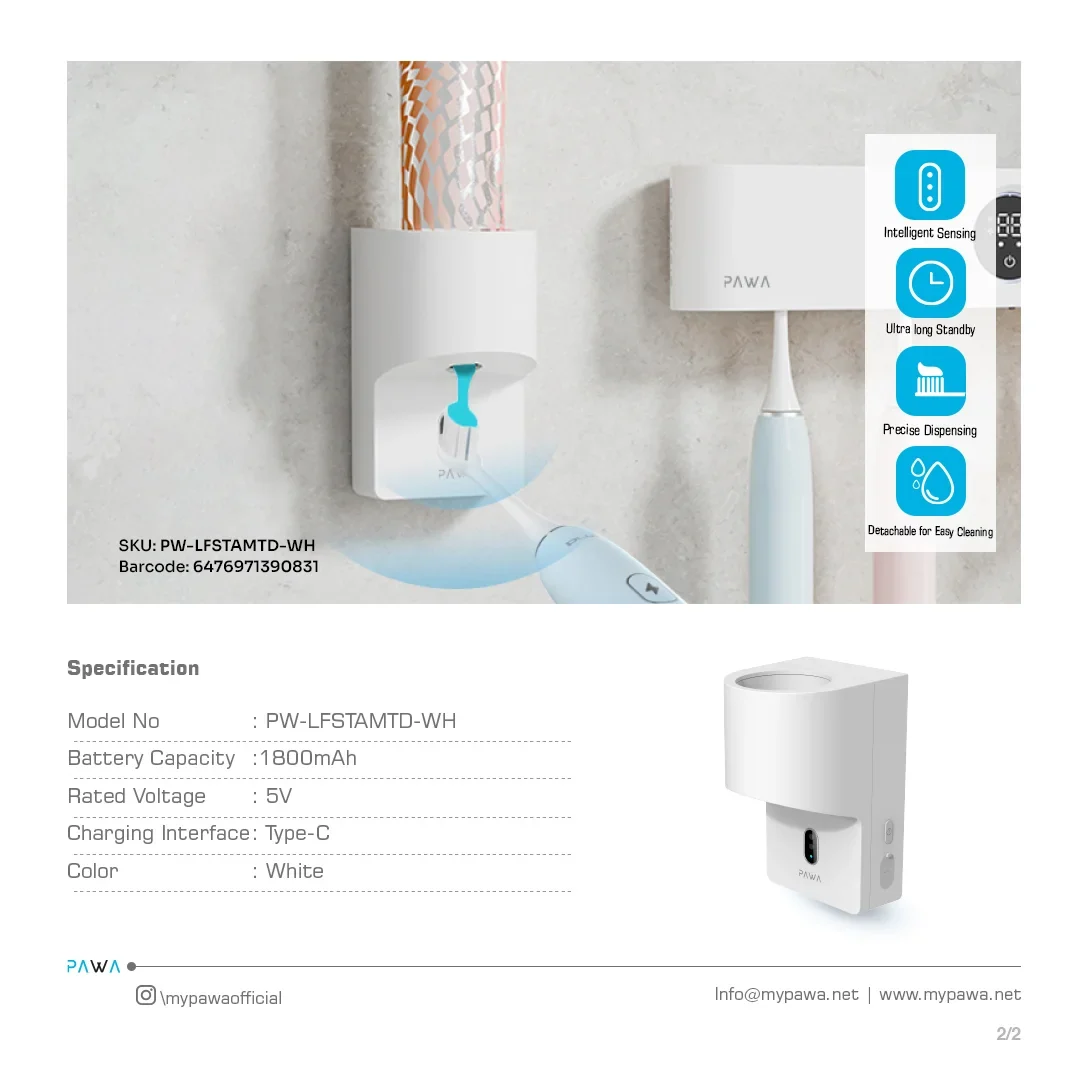 Pawa, Automatic Toothpaste Dispenser With Smart Sensing - White
