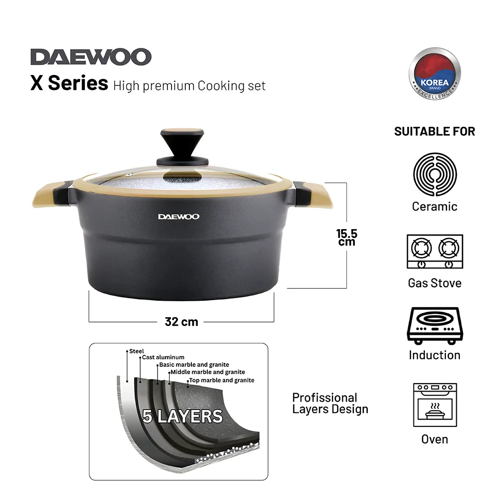 Daewoo Granite Casserole Pot with Lid Black & Brown (32, 28, 24 cm)
