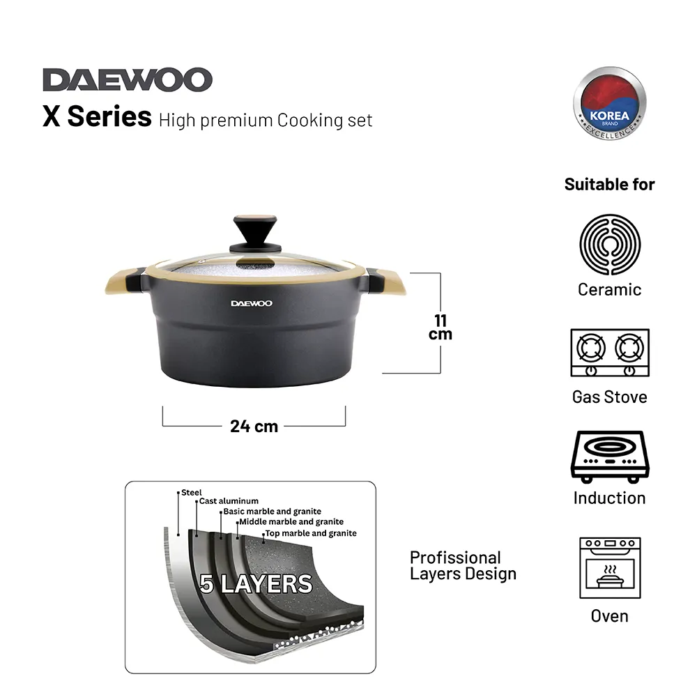 Daewoo Granite Casserole Pot with Lid Black & Brown (32, 28, 24 cm)