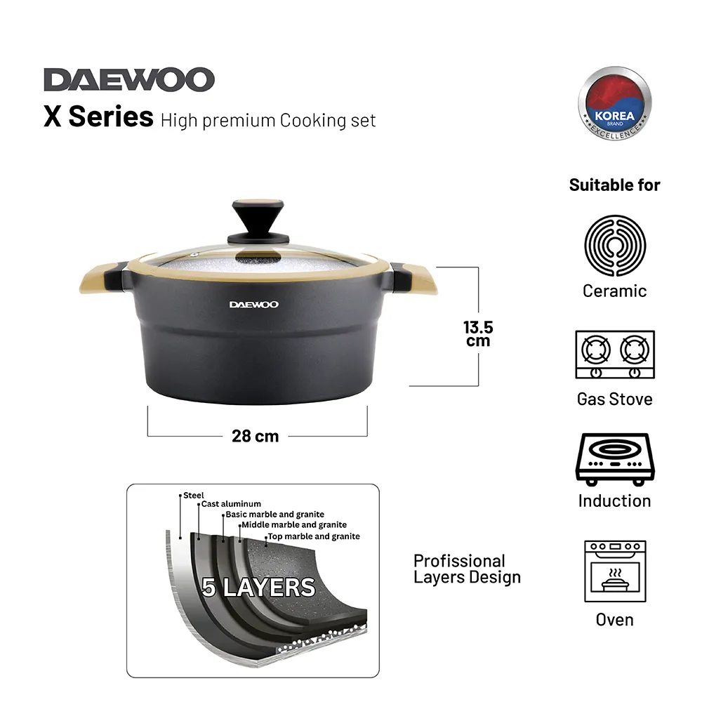 Daewoo X Series 11 Pcs Granite Cooking Set 32,28,24 cm Pot, 28 cm Pan, 28 cm Casserole with 2 Pcs of Utensil Tools - Black & Brown