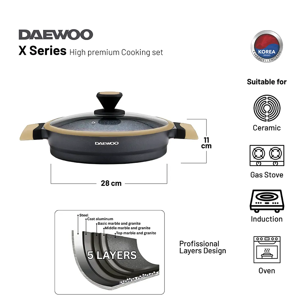 Daewoo X Series 11 Pcs Granite Cooking Set 32,28,24 cm Pot, 28 cm Pan, 28 cm Casserole with 2 Pcs of Utensil Tools - Black & Brown