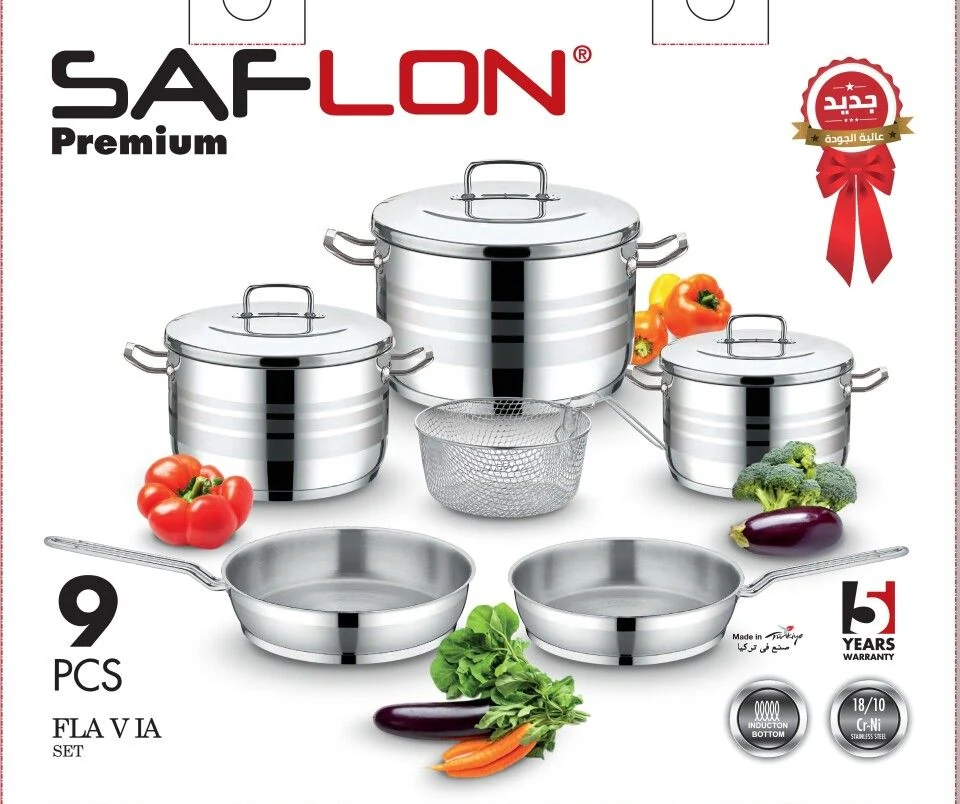 Saflon Stainless Steel Premium Cookware Set 9 Pieces Pots 20+24 +28 cm + Frypan 20+24 cm + Stainless Steel Basket 22 cm