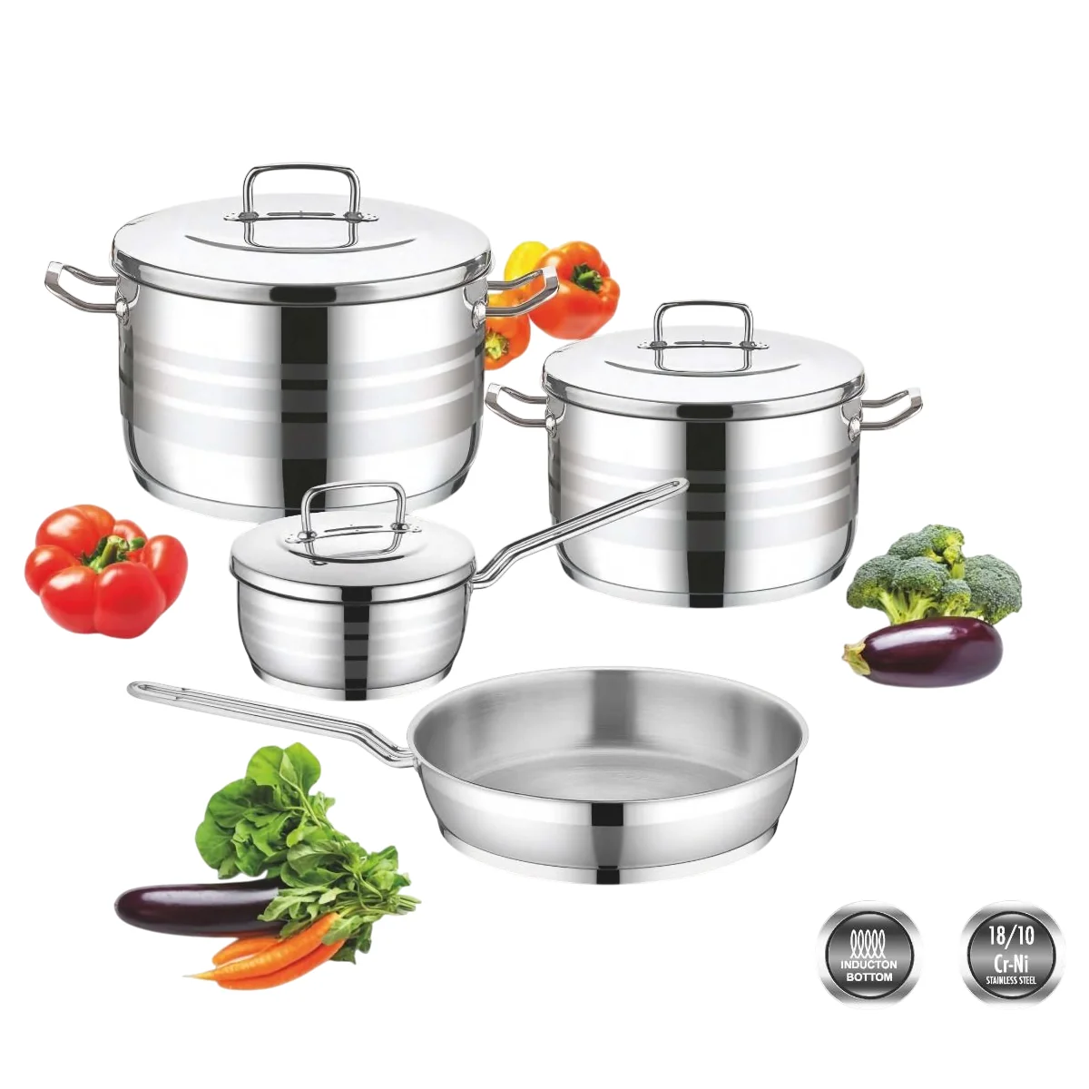 Saflon Stainless Steel Premium Cookware Set 7 Pieces Pots 20+24 + Frypan 24 cm + Saucepan 18 cm With Lid