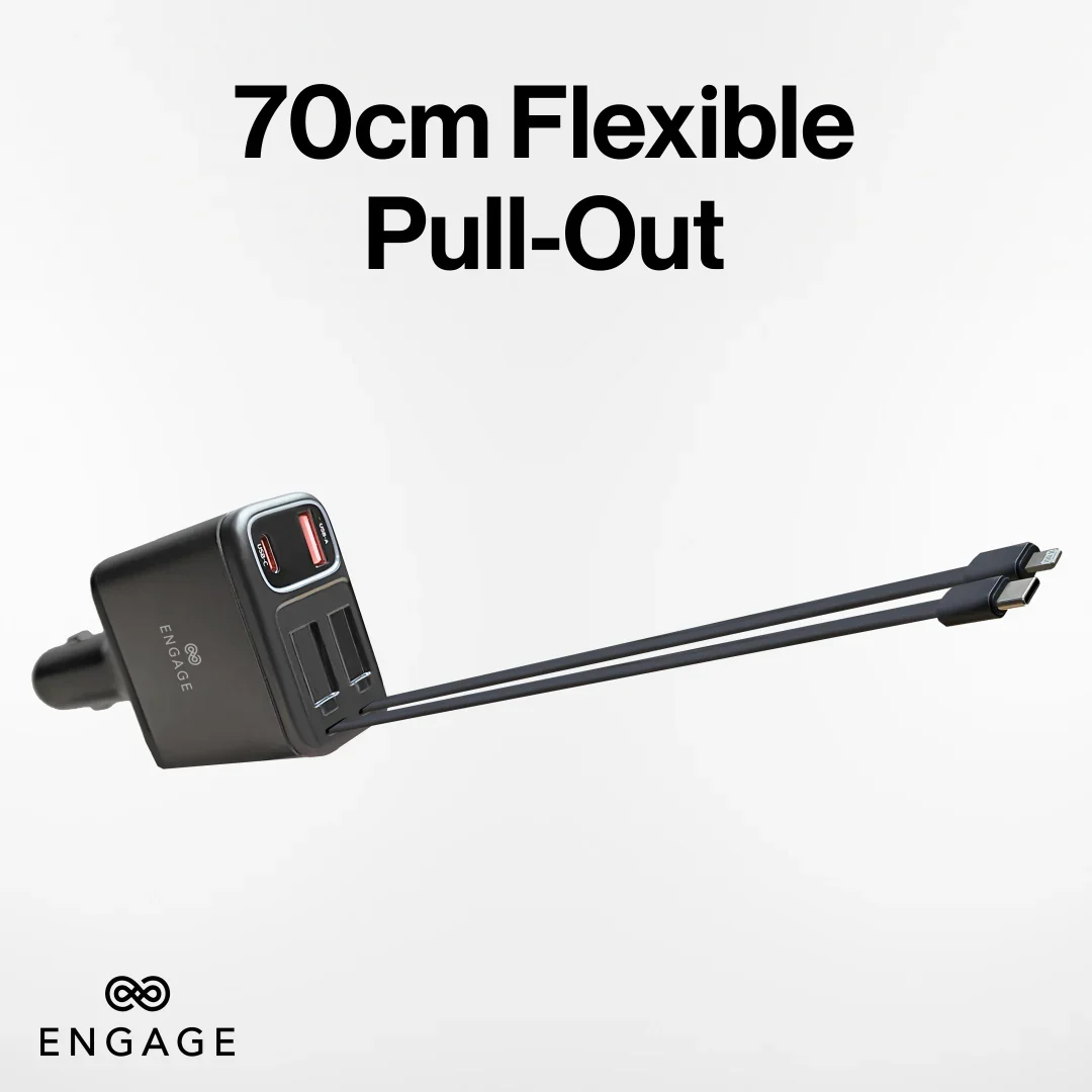 Engage, 4-in-1 Car Charger with Retractable Cables (USB-C/Lightning) & Dual USB Ports (120W)
