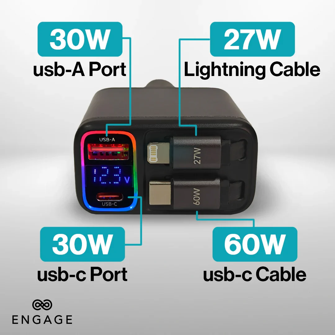 Engage, 4-in-1 Car Charger with Retractable Cables (USB-C/Lightning) & Dual USB Ports (120W)