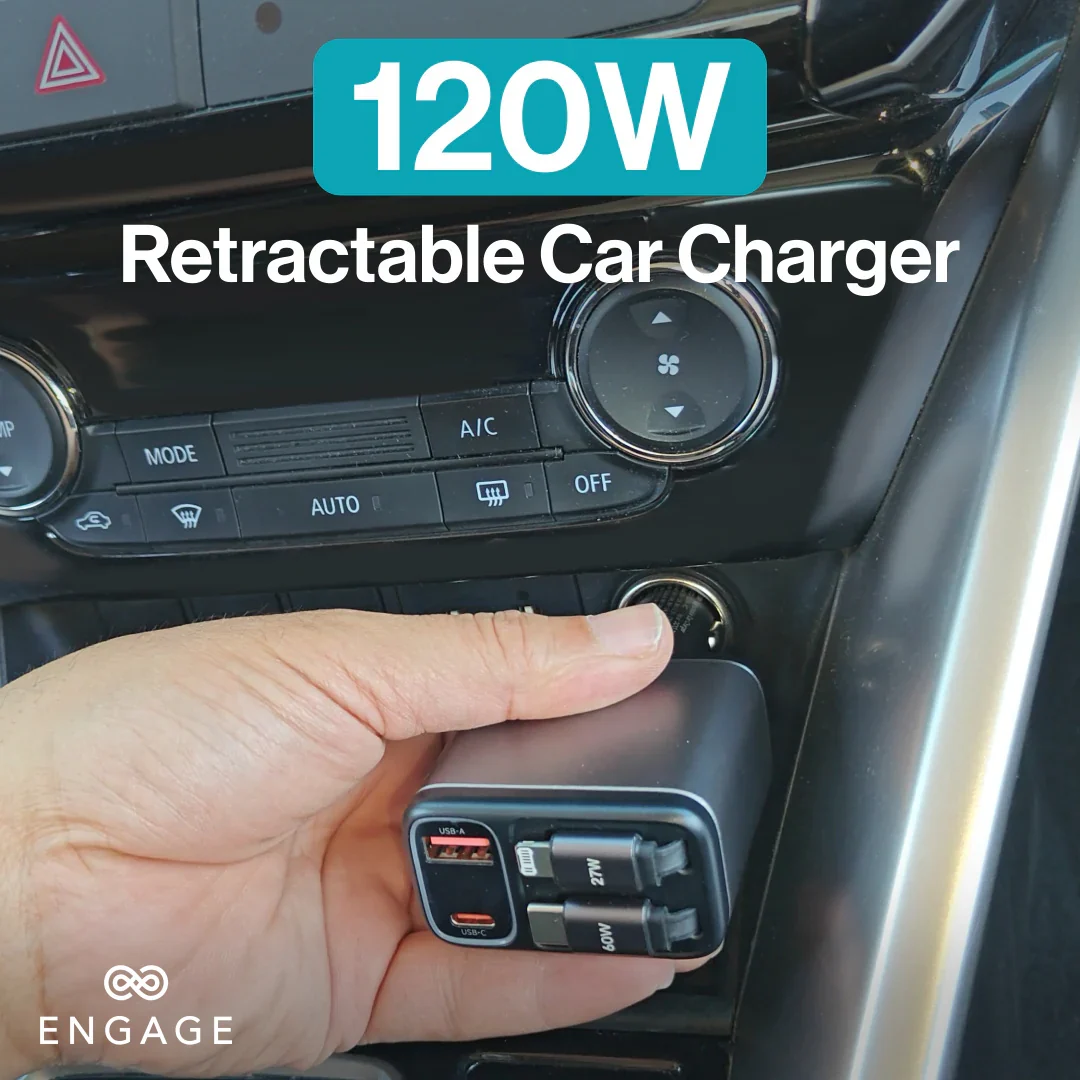 Engage, 4-in-1 Car Charger with Retractable Cables (USB-C/Lightning) & Dual USB Ports (120W)
