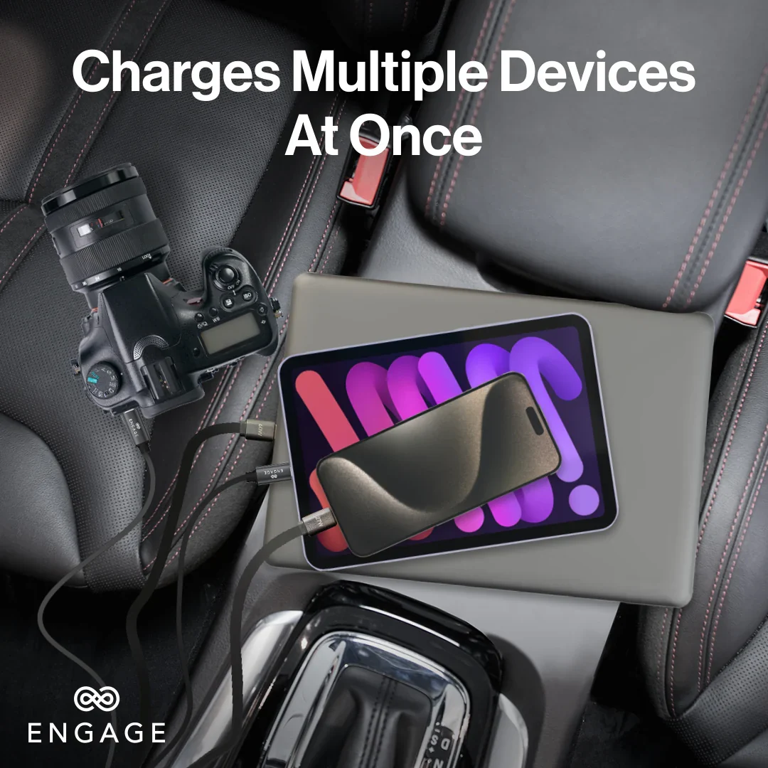 Engage, 4-in-1 Car Charger with Retractable Cables (USB-C/Lightning) & Dual USB Ports (120W)
