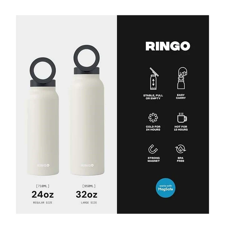 RINGO Water Bottle, 32 Oz/1 L, MagSafe Screw Lid MagSafe Booster Ring, Ivory