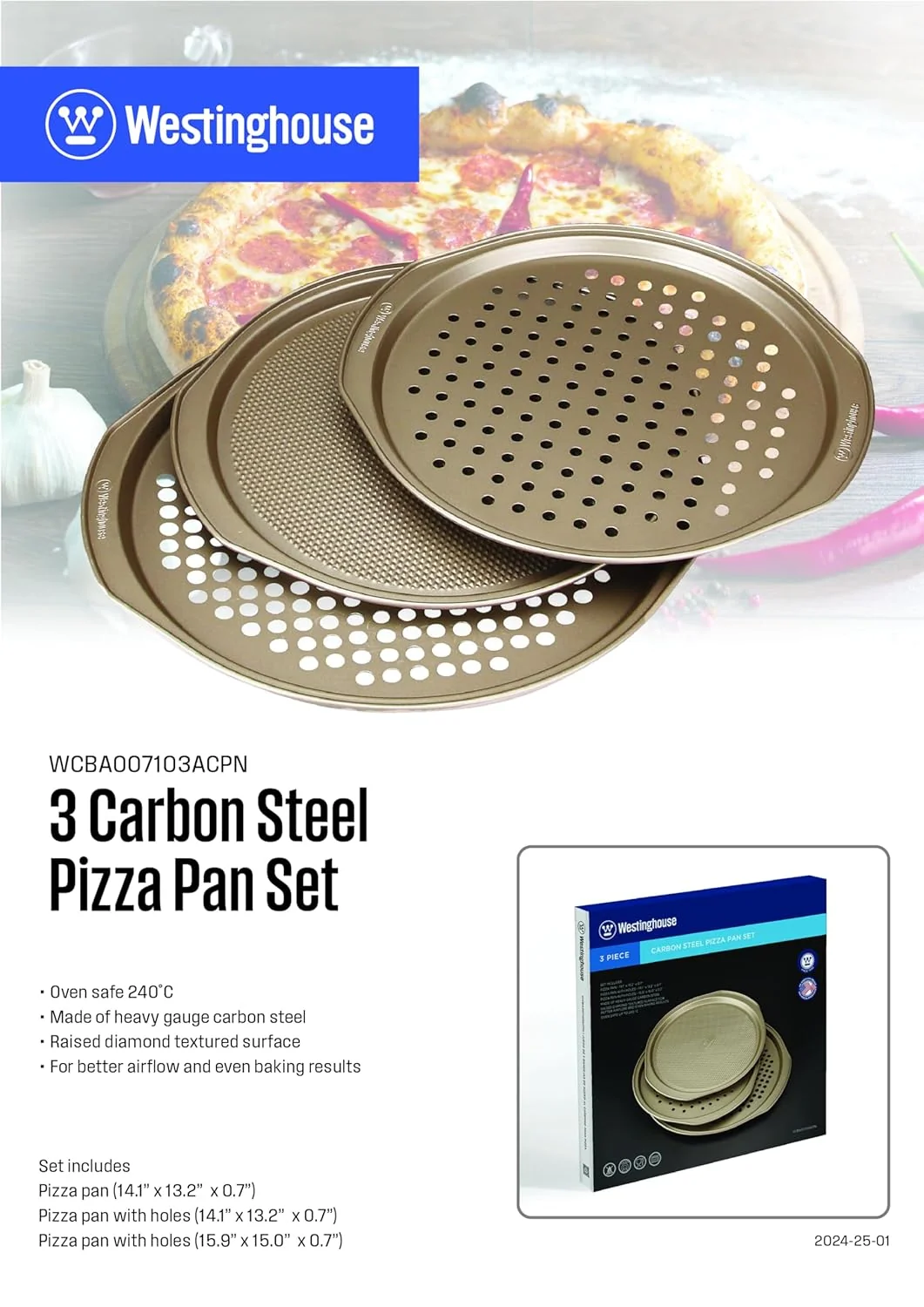 Westinghouse, 3-Piece Carbon Steel Pizza Pan Set