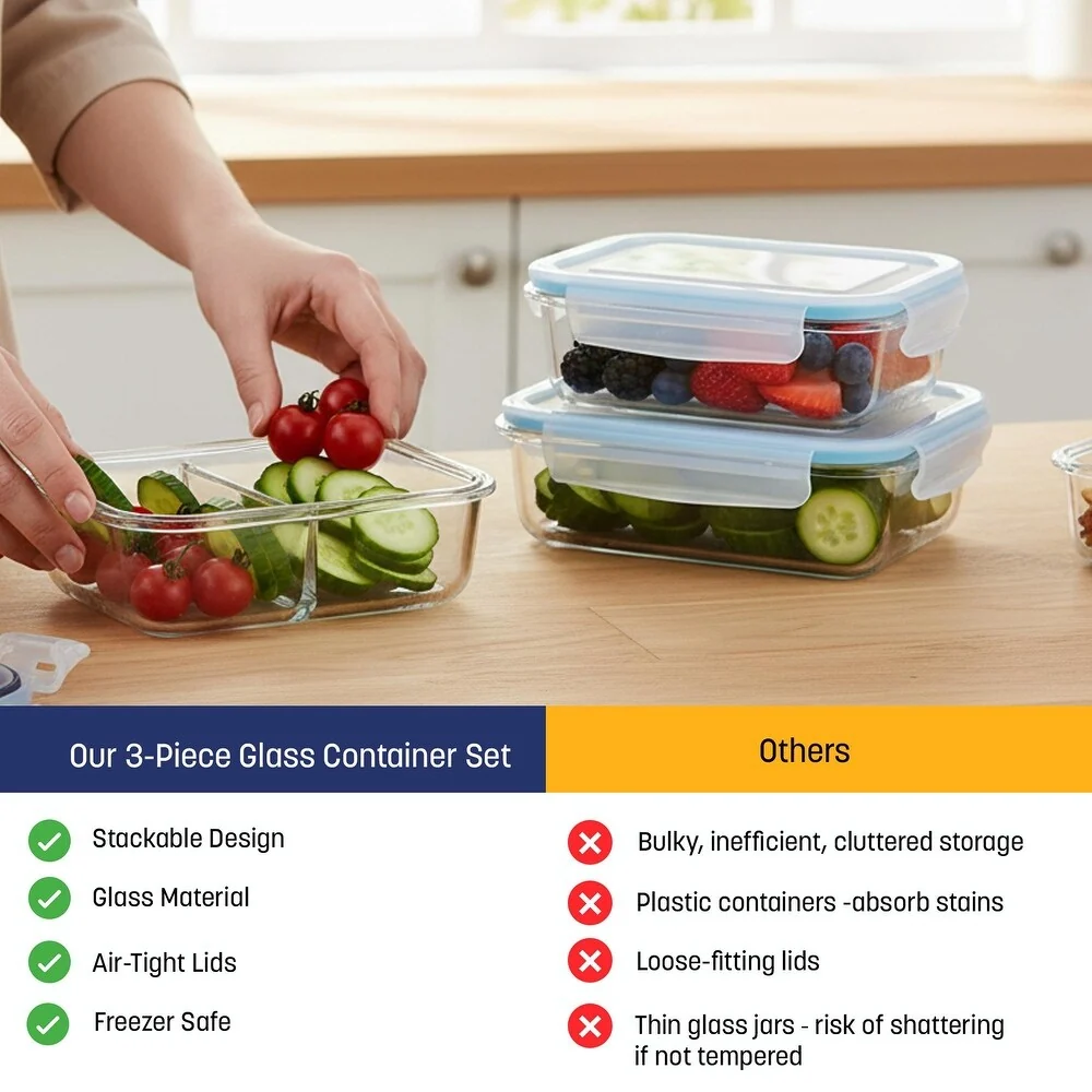 Westinghouse, 3-Piece Glass Food Storage Container Set - Airtight Lids - 1050ml Each