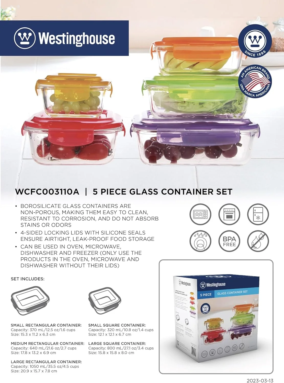 Westinghouse, Glass Storage Set, Multicolor Lids, Set of 5