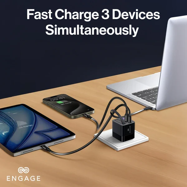 Engage, Dual Port USB-C + USB-A GaN Power Adapter (65W) with USB-C Cable