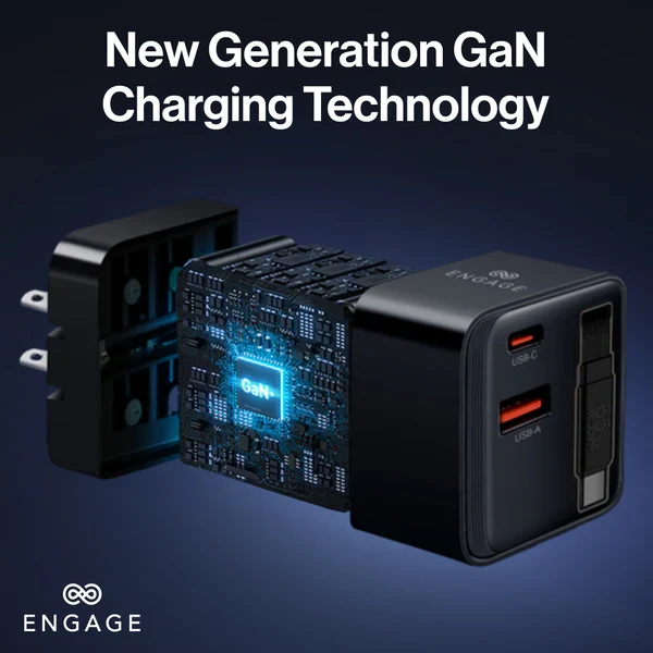 Engage, Dual Port USB-C + USB-A GaN Power Adapter (65W) with USB-C Cable
