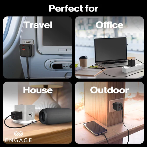 Engage, Dual Port USB-C + USB-A GaN Power Adapter (65W) with USB-C Cable