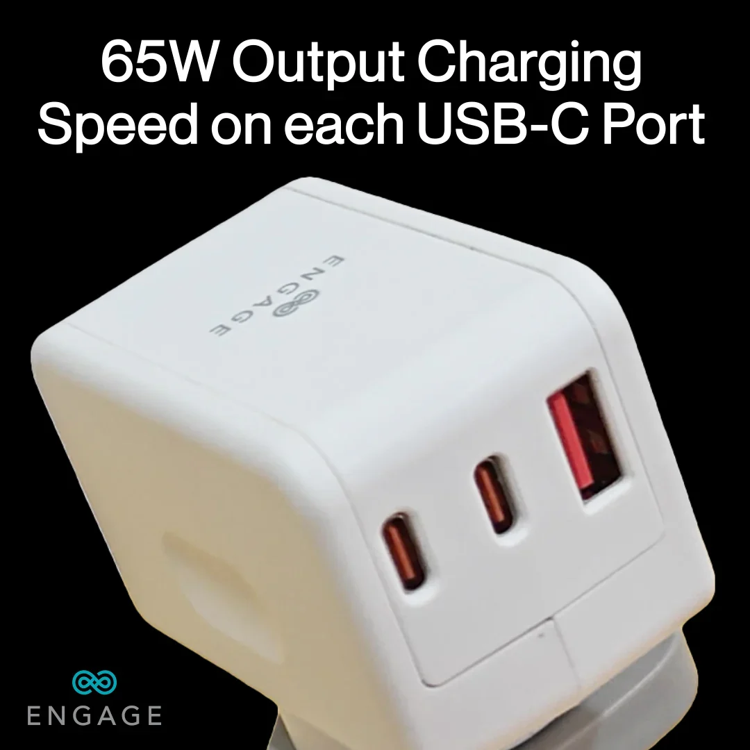 Engage, Dual USB-C + USB-A Power Adapter (65W) with 180° Rotating Plug