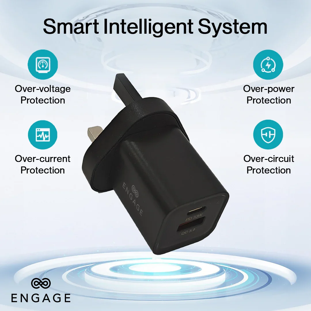 Engage, Dual Port Quick Power Adapter/Charger (33W) – Black