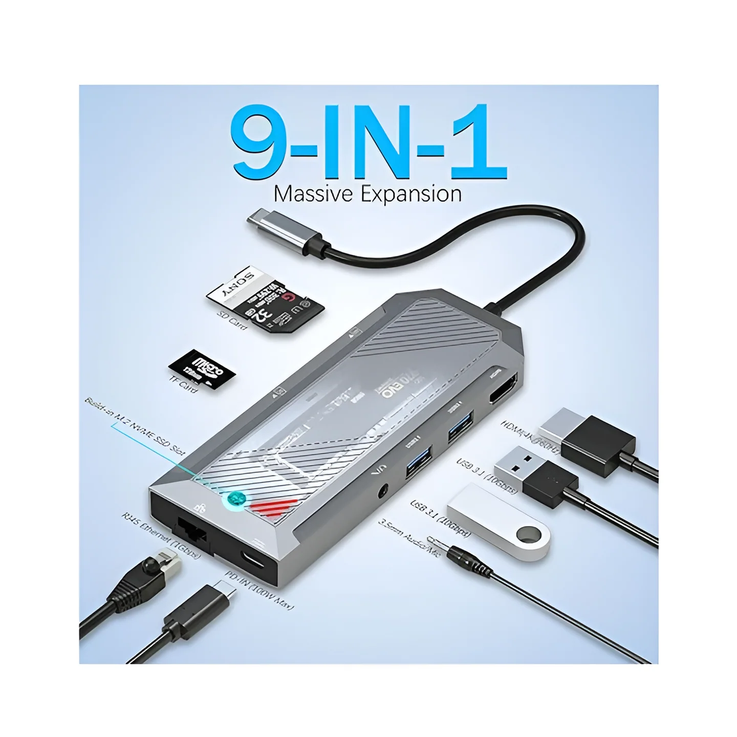 Redragon UCA 9-Port USB-C Hub - Black