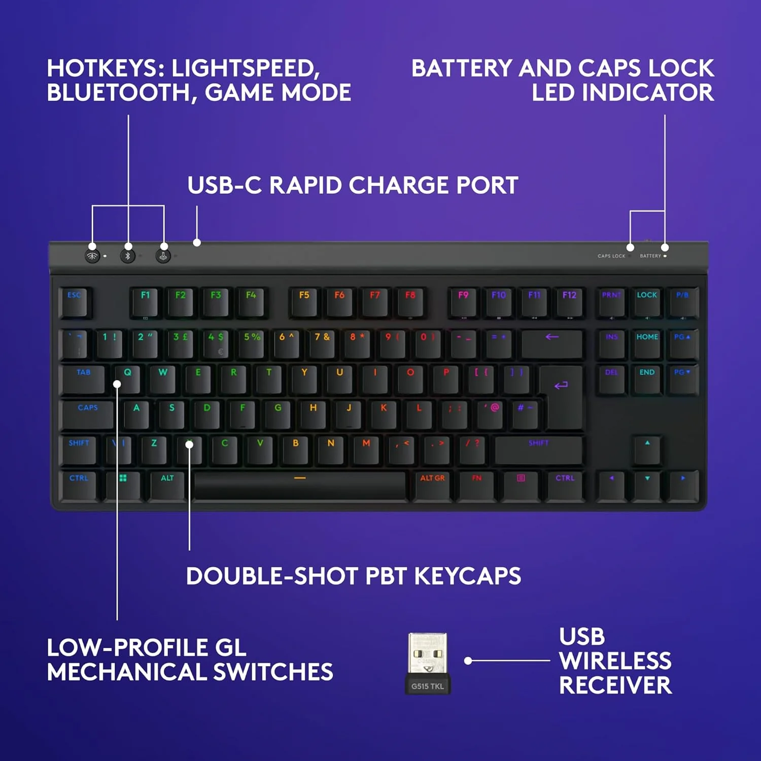 Logitech G515, TKL LIGHTSPEED Low-Profile Wireless Gaming Keyboard Tactile Switch
