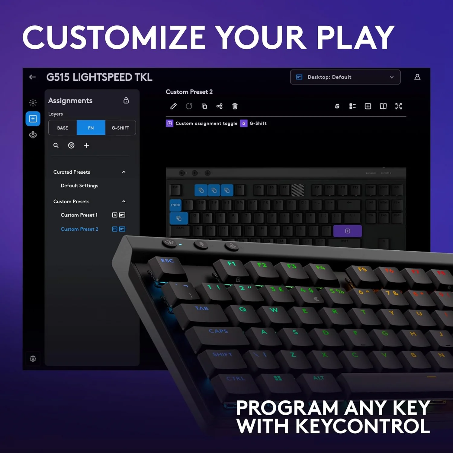 Logitech G515, TKL LIGHTSPEED Low-Profile Wireless Gaming Keyboard Tactile Switch