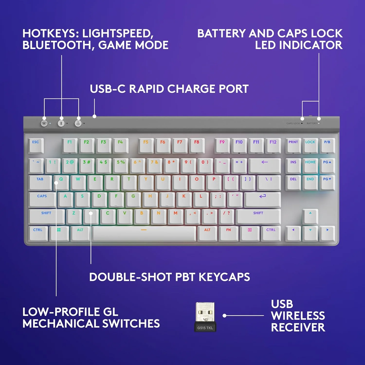 Logitech G515, TKL LIGHTSPEED Low-Profile Wireless Gaming Keyboard Tactile Switch