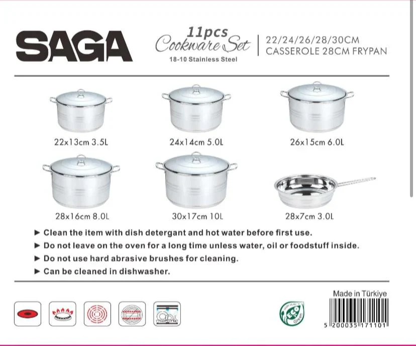 Saga H1711 Stainless Steel Cookware Set - 11 Pcs,  High-Quality 18/10 Stainless Steel