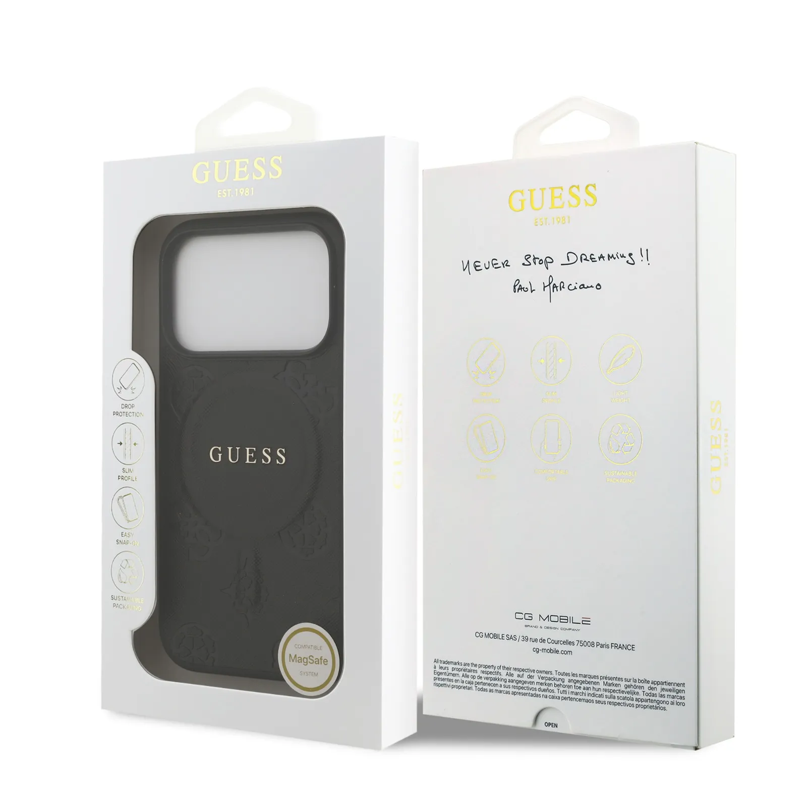 Guess, MagSafe PU Leather Case with Classic Logo & Peony Hot Stamp Design, iPhone 17 Pro