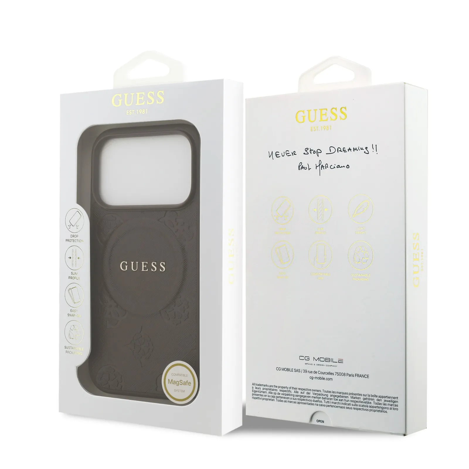 Guess, MagSafe PU Leather Case with Classic Logo & Peony Hot Stamp Design, iPhone 17 Pro