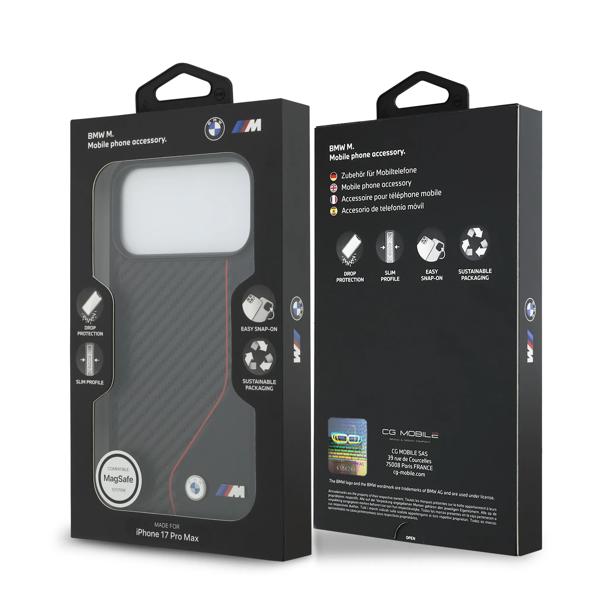BMW, PU Leather & Carbon Case with Colored Line Stitch, iPhone 17 Pro Max