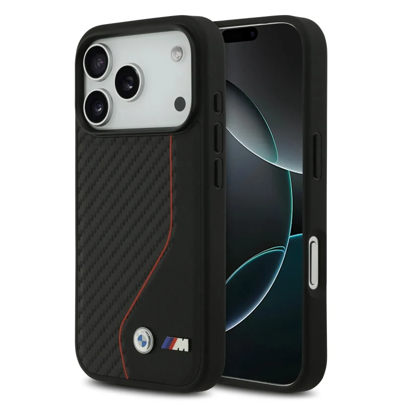 BMW, PU Leather & Carbon Case with Colored Line Stitch, iPhone 17 Pro