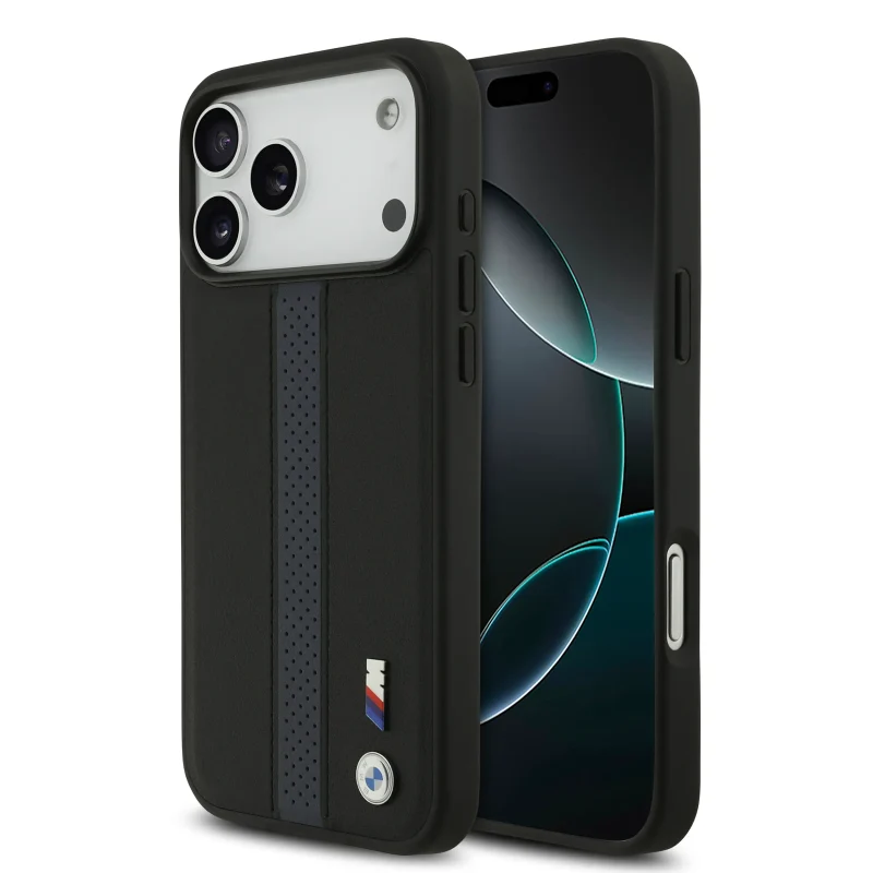 BMW, PU Leather Case with Perforated Stripes &amp; Metal Logos, iPhone 17 Pro Max