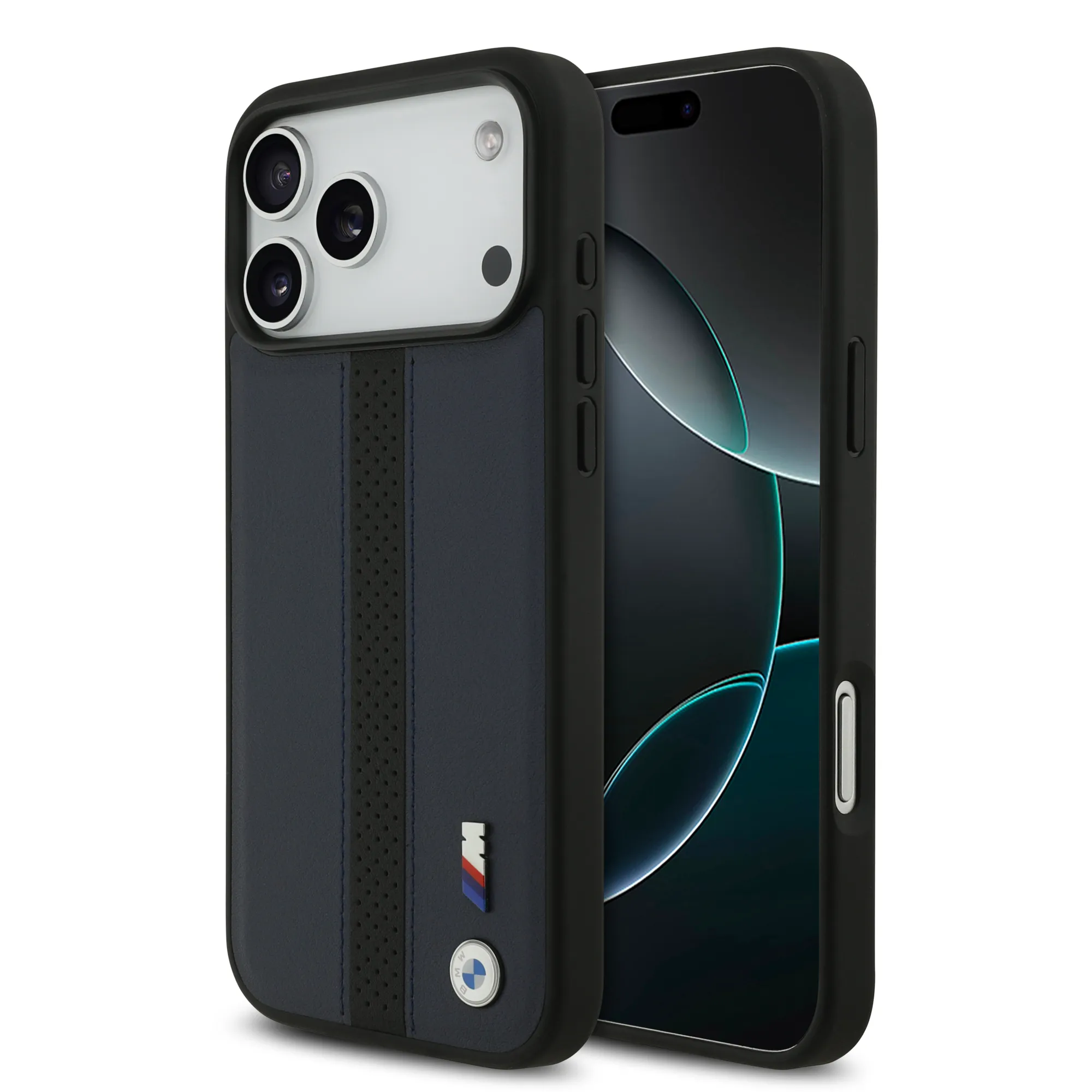 BMW, PU Leather Case with Perforated Stripes & Metal Logos, iPhone 17 Pro Max