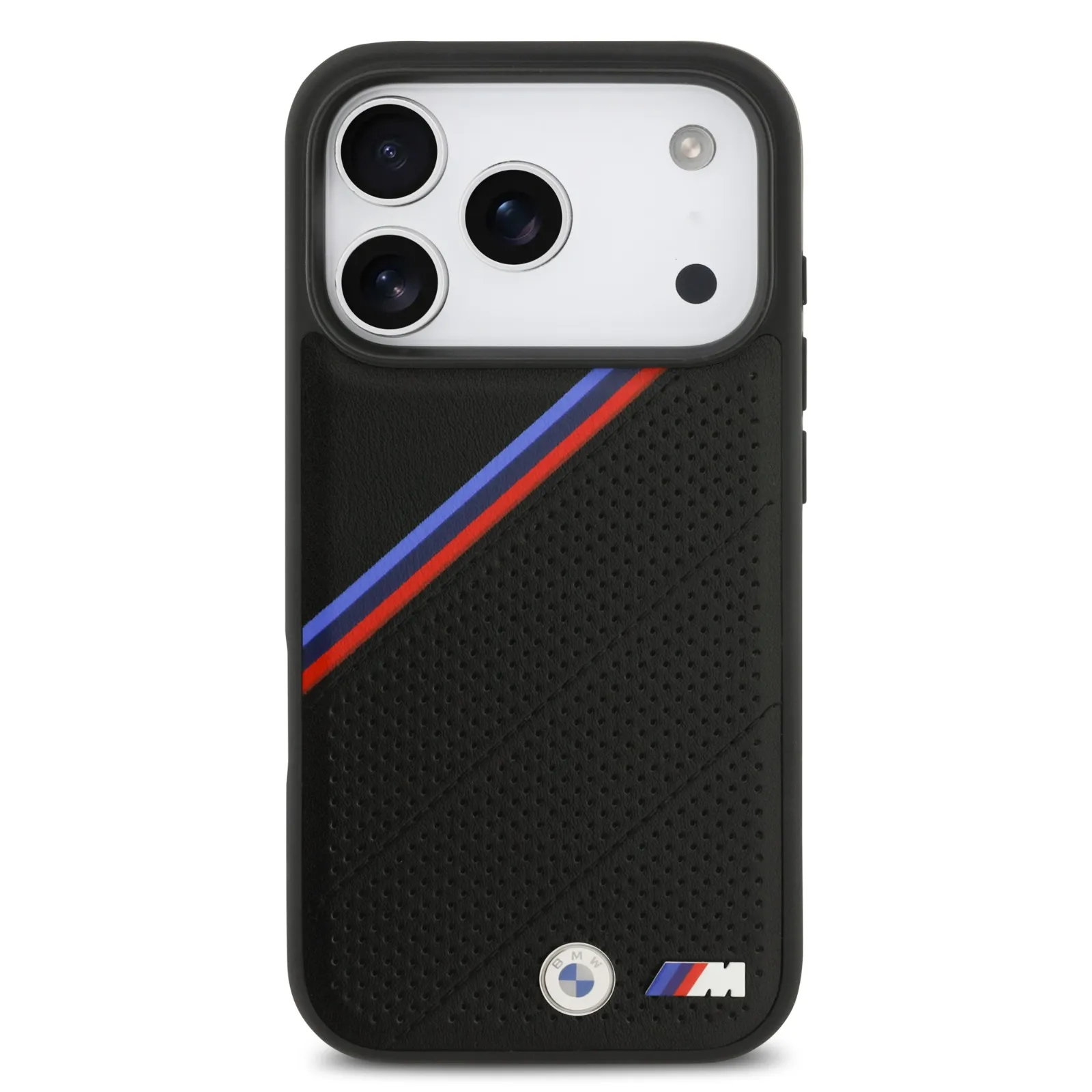 BMW, MagSafe PU Leather Case With Tricolor Slanted Stripes & Metal Logos, iPhone 17 Pro Max