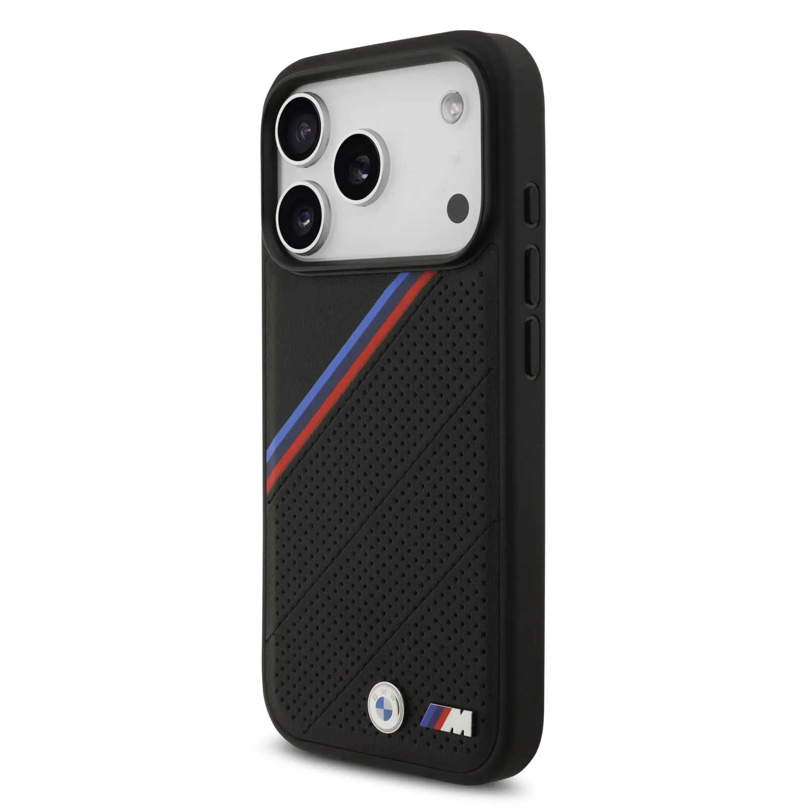 BMW, MagSafe PU Leather Case With Tricolor Slanted Stripes & Metal Logos, iPhone 17 Pro Max