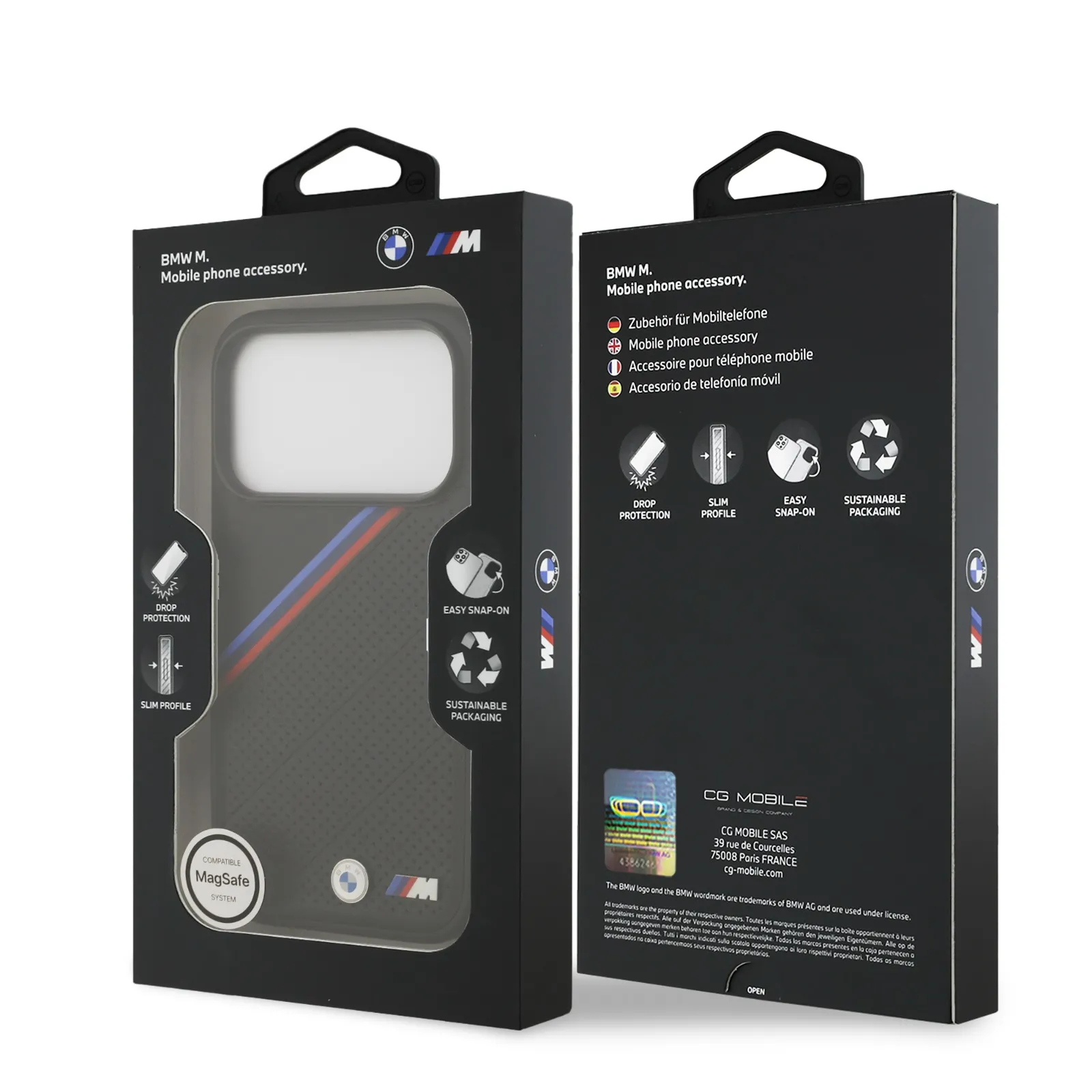 BMW, MagSafe PU Leather Case With Tricolor Slanted Stripes & Metal Logos, iPhone 17 Pro Max