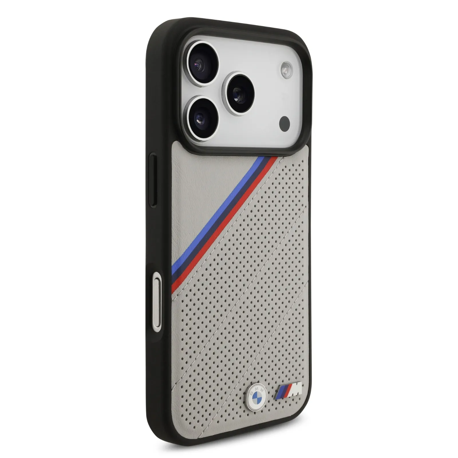 BMW, MagSafe PU Leather Case With Tricolor Slanted Stripes & Metal Logos, iPhone 17 Pro