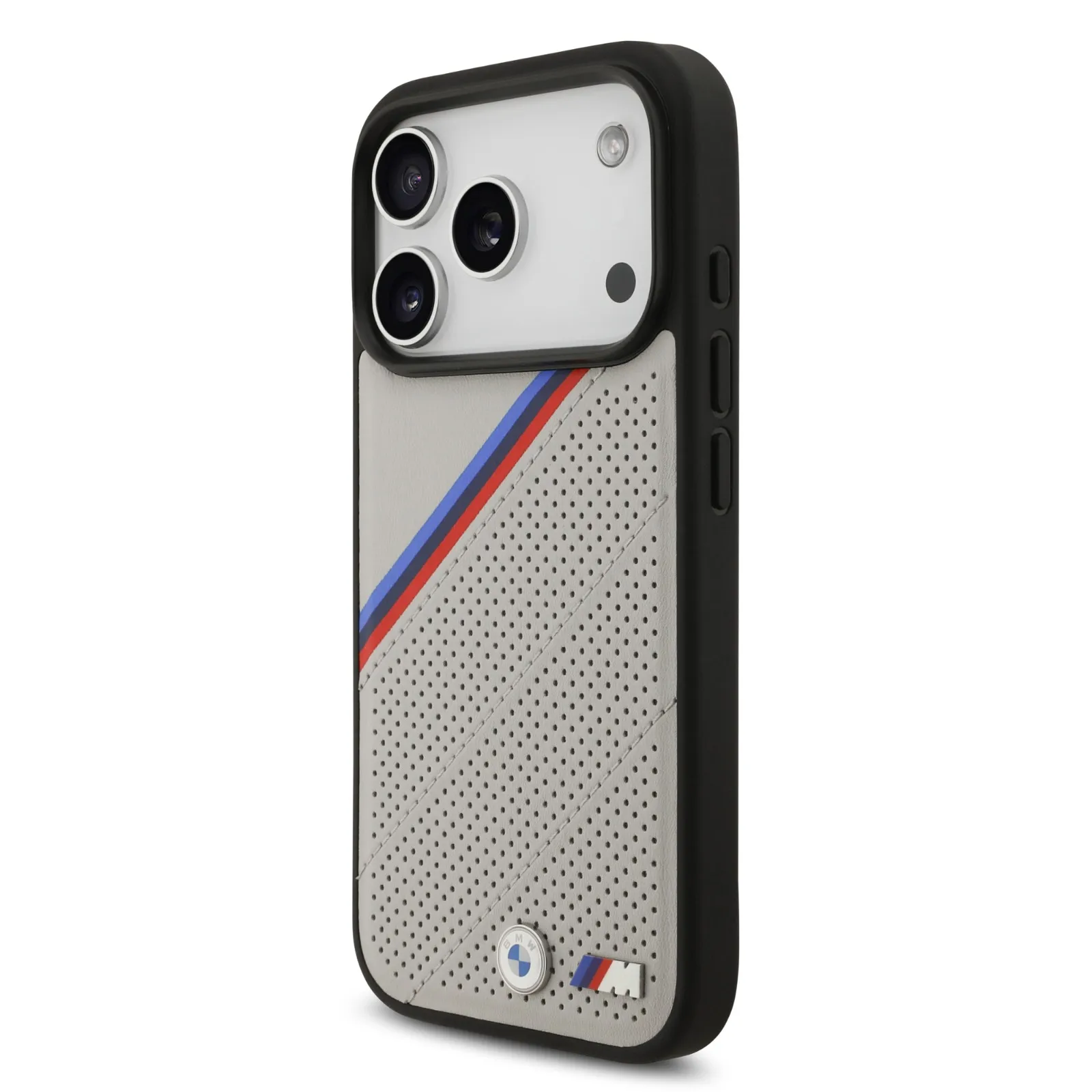 BMW, MagSafe PU Leather Case With Tricolor Slanted Stripes & Metal Logos, iPhone 17 Pro