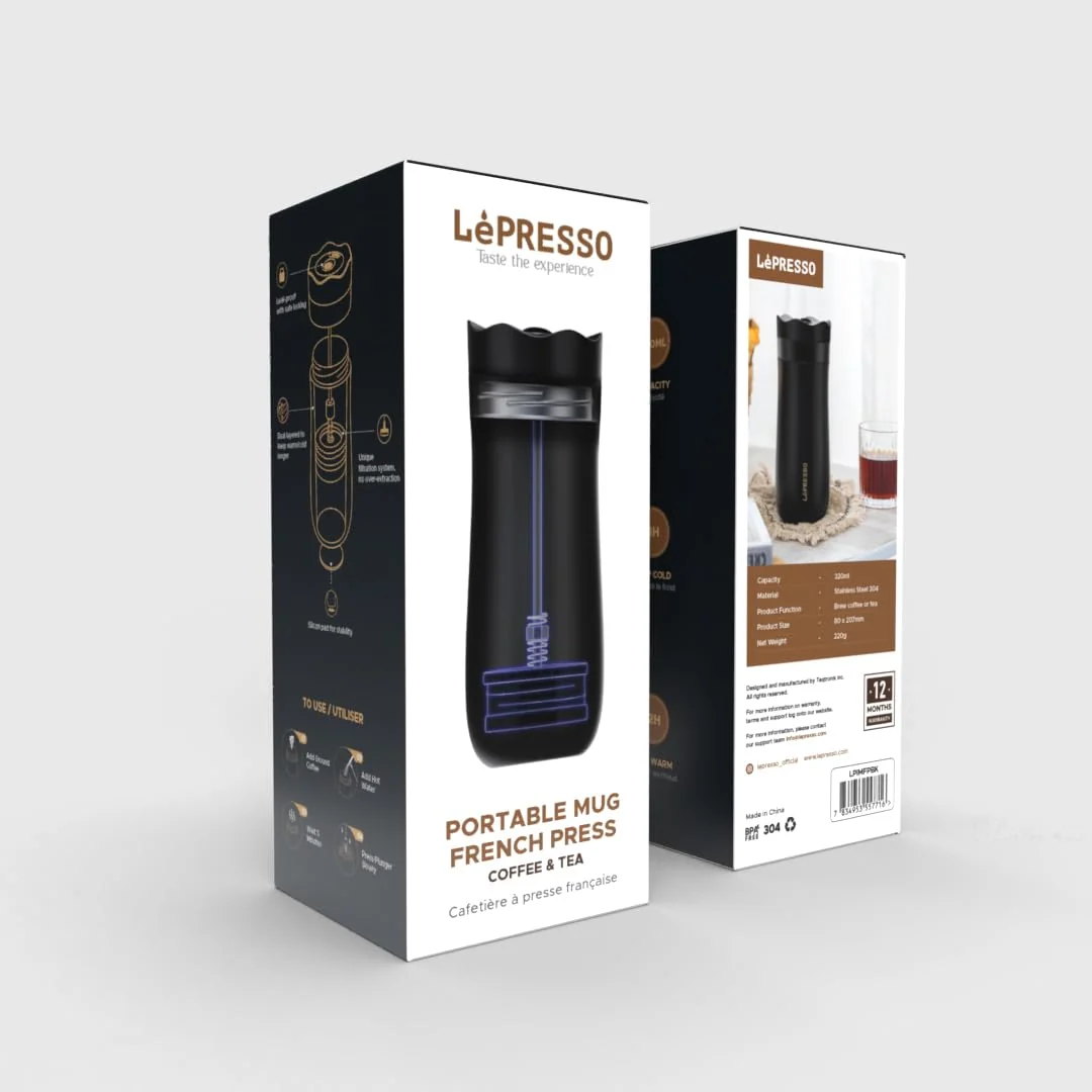 LePresso Insulated Mug with French Press - Black